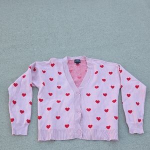ABBOTT ELEMENTARY Teacher's Ed. Women Lt Pink LS Knit Cardigan red hearts Sz L